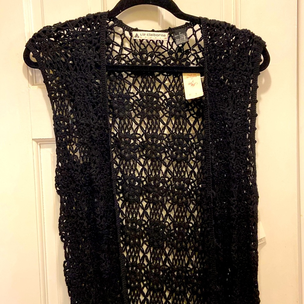 Liz Clairborne Vintage Hand Crochet Floral Black Wool Sleeveless Cardigan Duster